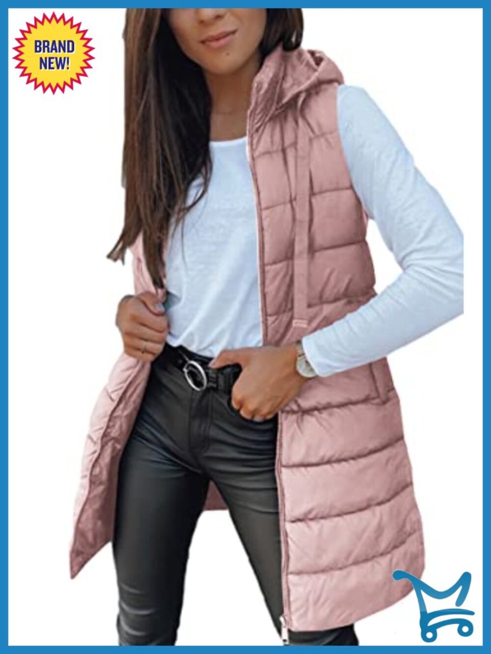 Women Sleeveless Hooded Puffer Vest Long Length Winter Outerwear
